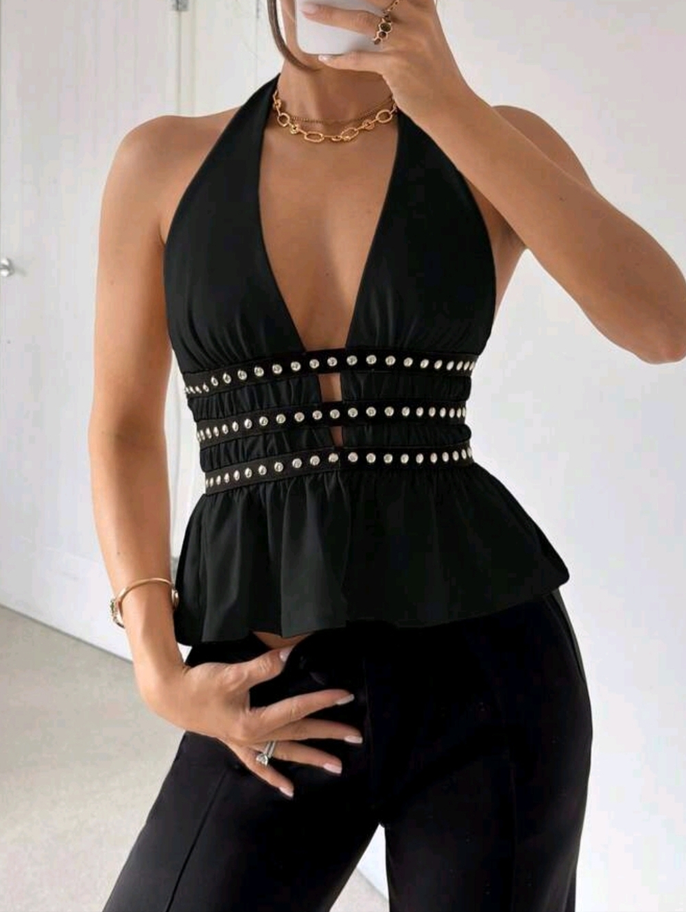 Black Studded Halter Peplum Top - Picture 5 of 6